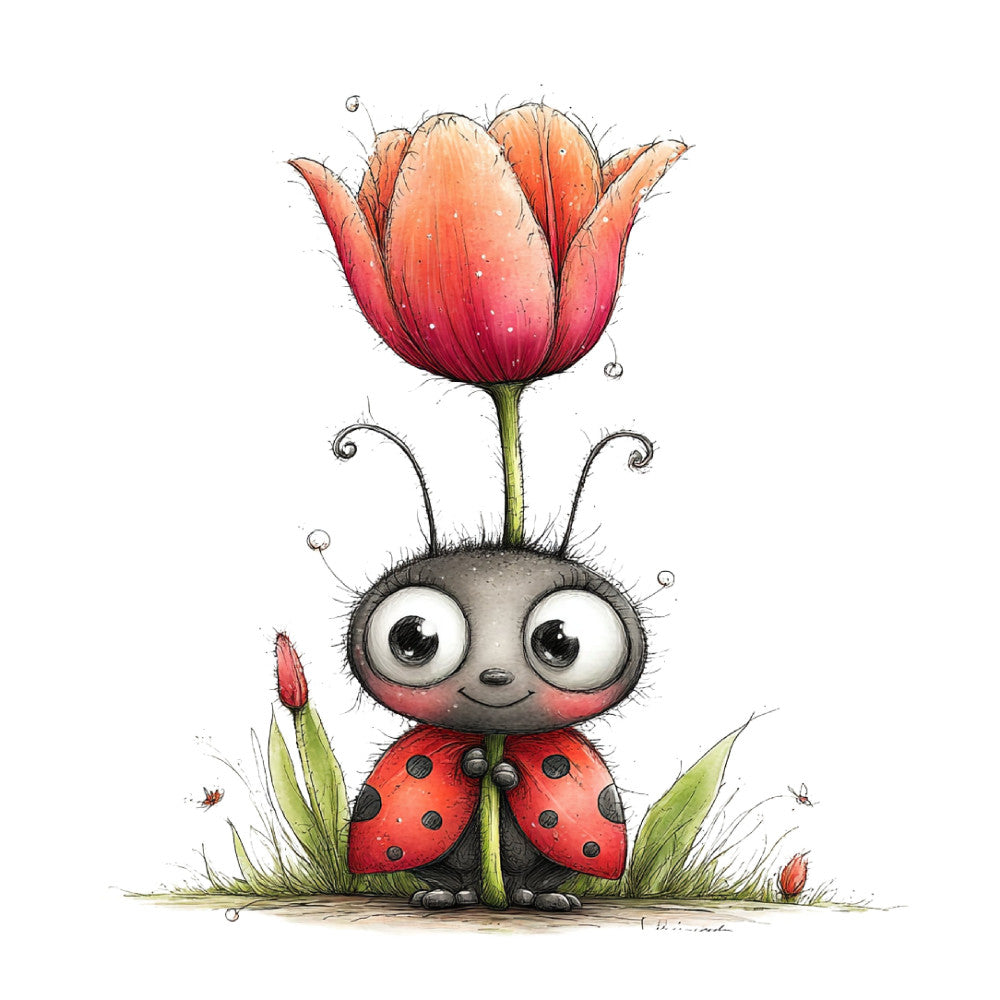 coral pink, red, sage green, black, whimsical, cute, ladybug, tulip, spring, nature, animals, insects, garden, children, adorable, big eyes, floral, playful, storybook, illustration art, fantasy, charming, decorative, baby, nursery, wall art, quirky, folk art, detailed, hand drawn style