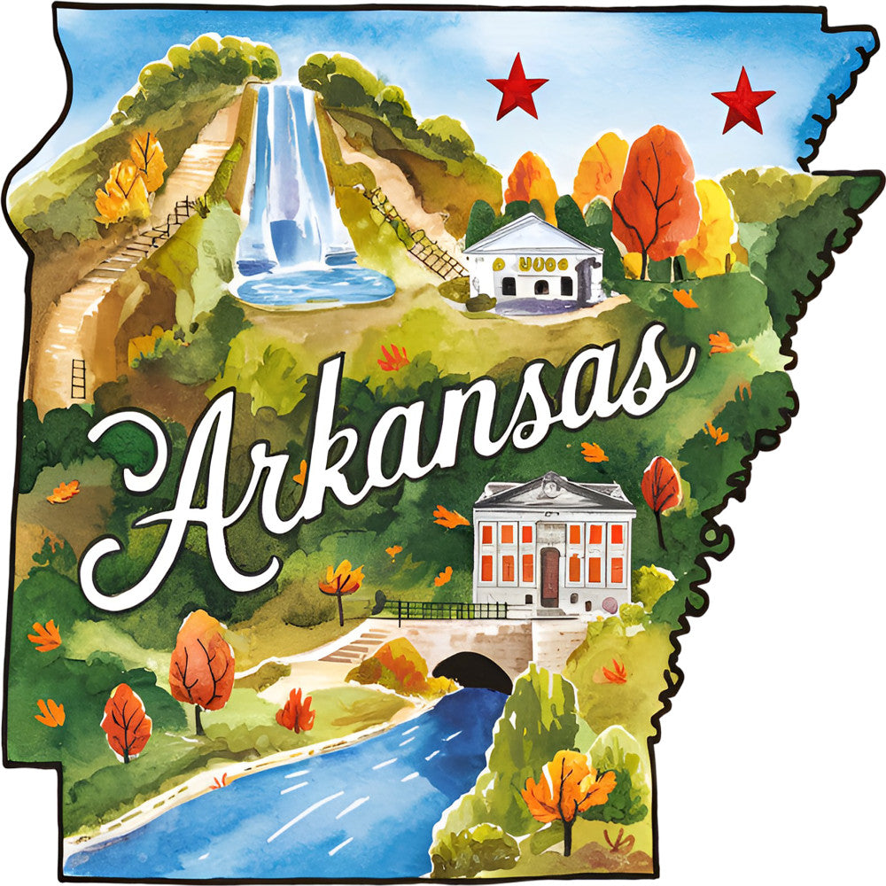 Classic US States Fabric Panel 26 featuring a colorful Arkansas state map with landmarks and seasonal autumn foliage.