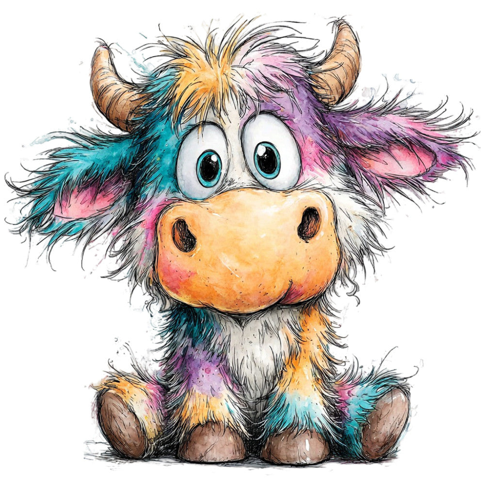 colorful, multi-color, turquoise, pink, purple, orange, yellow, teal, whimsical, playful, cute, animal, highland cattle, yak, bull, cow, children's, nursery, baby, farmhouse, folk art, quirky, fun, kids' decor, watercolor, illustrated, character panel, novelty, adventurous