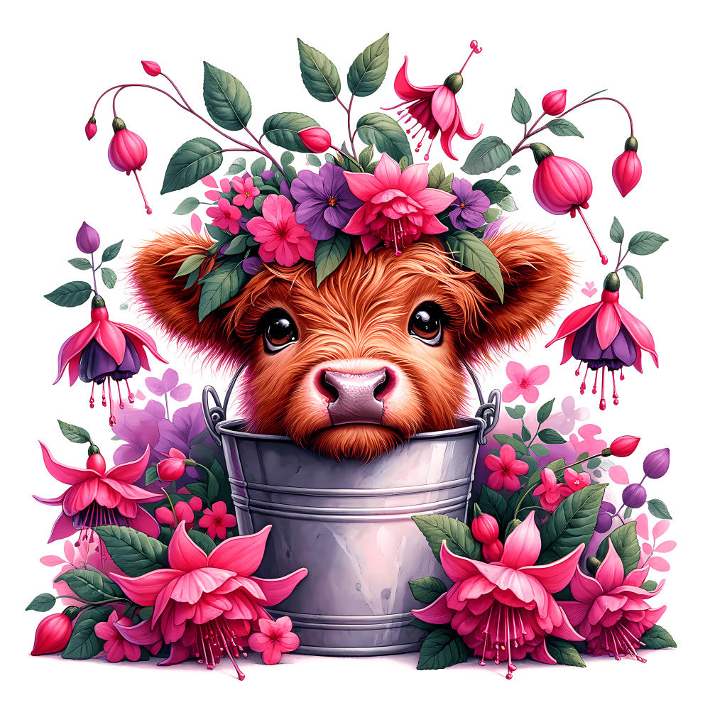 Cute Highland Cows in Buckets Fabric Panel 14 featuring a detailed highland cow calf in a metal bucket surrounded by vibrant pink flowers.