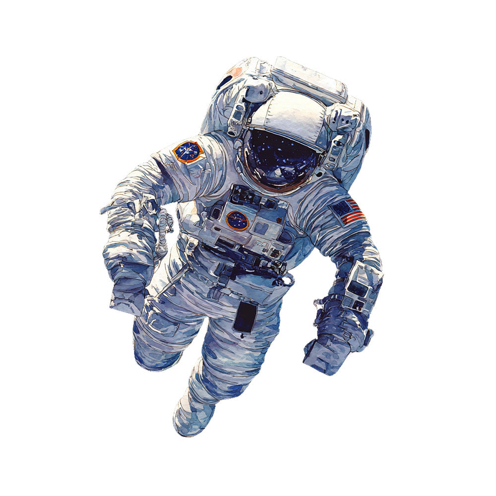 astronaut, space, nasa, white, blue, navy blue, silver, gray, american flag, patriotic, usa, explorer, adventure, celestial, sci-fi, science fiction, modern, futuristic, bold, educational, stem, illustration, realistic, portrait, space suit, helmet, wall hanging, home decor, child's bedroom, contemporary