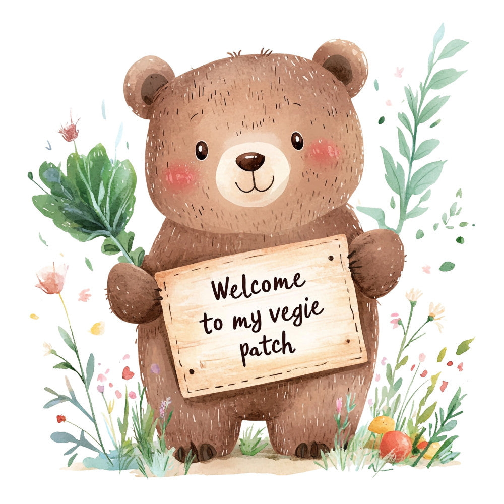 cute bear, woodland animals, nursery, baby quilt, whimsical, nature-inspired, forest theme, teddy bear, brown bear, sage green, cream, dusty rose, blush pink, soft colors, pastel, vegetable garden, welcome sign, botanical, wildflowers, garden theme, rustic charm, farmhouse style, children's fabric, playful, illustrative, watercolor, springtime, gentle animals, sweet, decorative panel