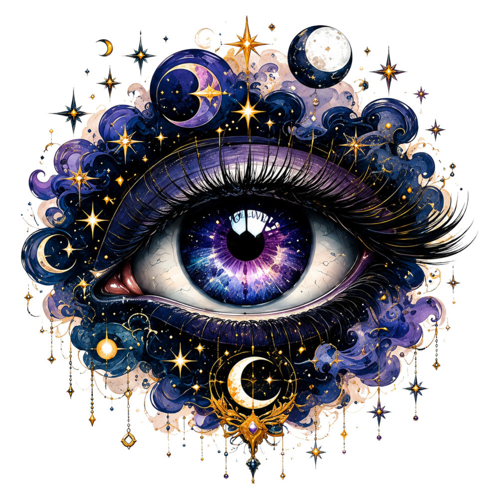 celestial, cosmic, night sky, stars, moons, purple, deep blue, navy blue, gold, golden yellow, mystical, whimsical, bohemian, fantasy, magical, eye motif, crescent moon, sparkles, ethereal, dreamlike, enchanted, spiritual, elegant, ornate, decorative, cosmic eye, starry, lunar, metaphysical, tarot inspired