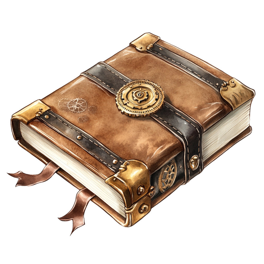 steampunk, vintage, brown leather, tan, bronze, brass, gears, mechanical, cogs, industrial, adventure, travel, book, pages, ribbon bookmarks, ornate, antique, brass buckles, dark brown, light brown, distressed, retro, Victorian, fantasy, gothic, nautical gears, whimsical, classic literature, bookish, masculine