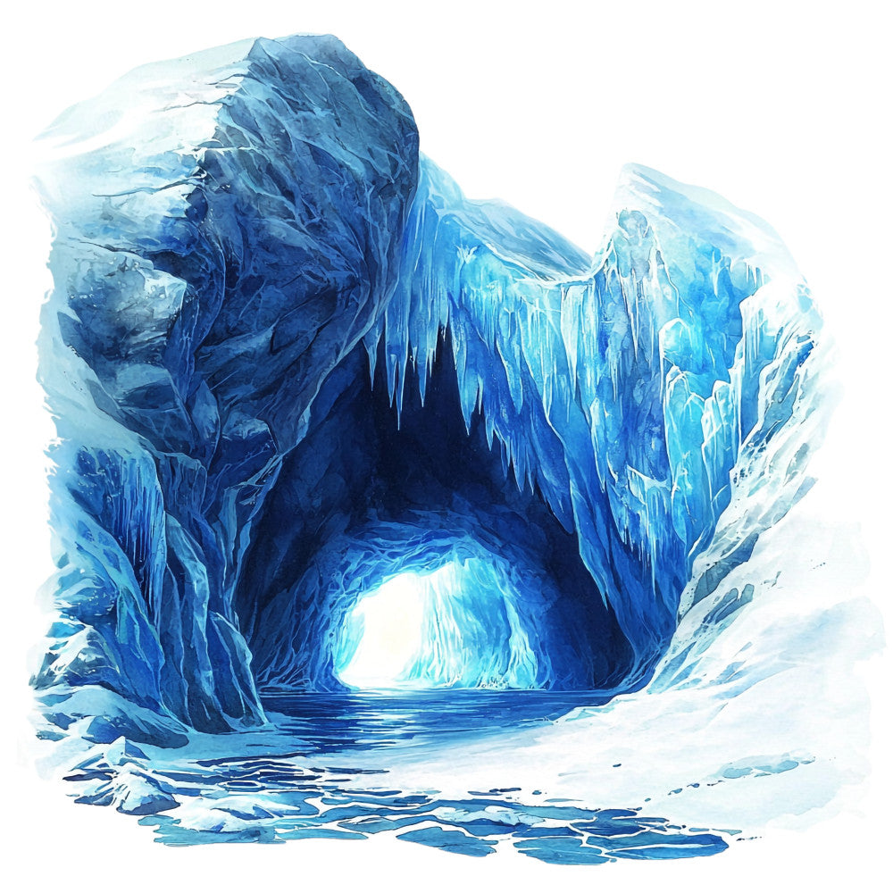 ice cave, glacier, arctic landscape, blue tones, turquoise, navy blue, white highlights, frozen cavern, icicles, watercolor style, nature scene, polar environment, fabric panel, quilting cotton, winter theme, crystalline formations, cool colors, serene mood, geological features, fabric craft