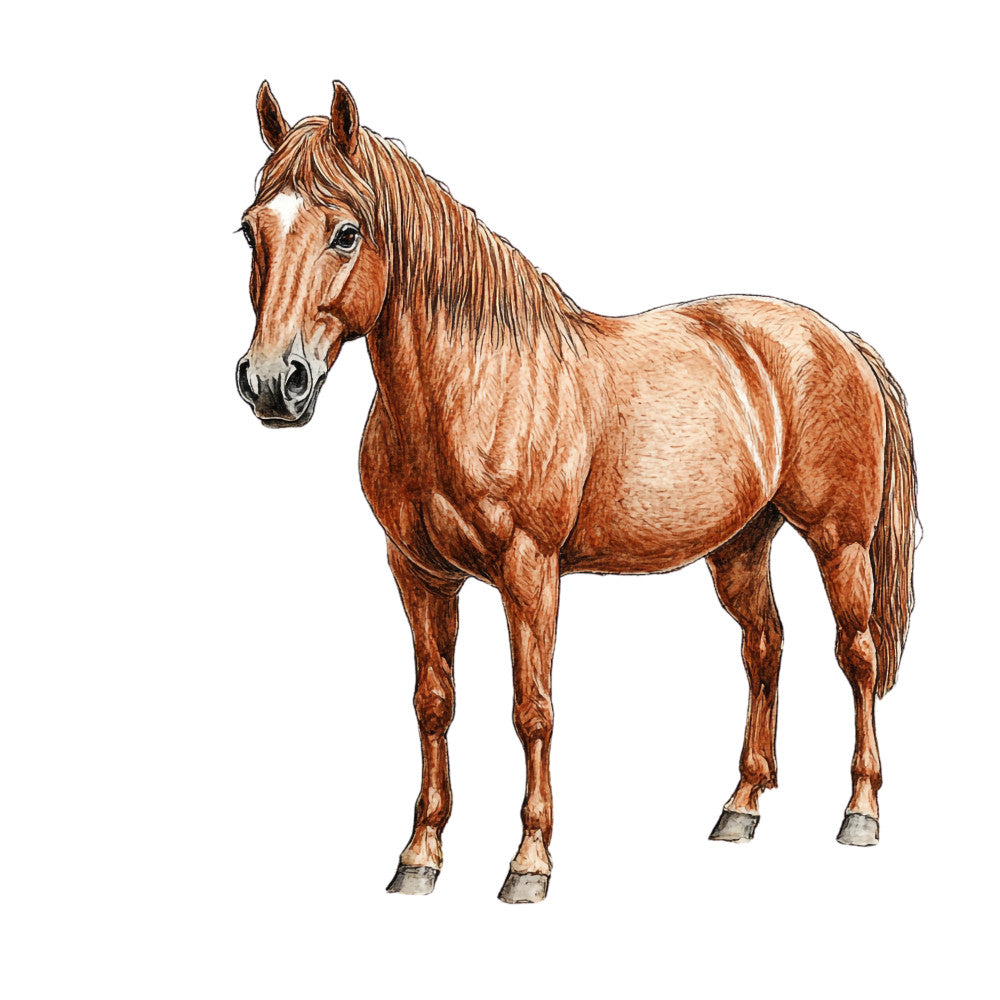 chestnut horse, brown tones, equestrian, realistic illustration, animal portrait, fabric panel, quilting cotton, rustic charm, pastoral scene, detailed artwork, earth tones, countryside theme, horse lover, naturalistic style, warm browns, cream background, standing pose, flowing mane, realistic rendering, farm animal