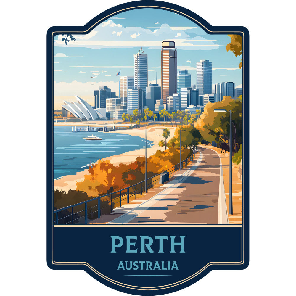 perth australia, cityscape, skyline, travel, coastal scene, beach landscape, ocean view, architectural, modern city, navy blue, turquoise blue, sandy tan, golden yellow, cream white, sky blue, waterfront, promenade, pathway, railing fence, palm trees, autumn foliage, sunny day, scenic vista, postcard style, vintage travel poster, wanderlust, geography, landmarks, australia theme, travel panel