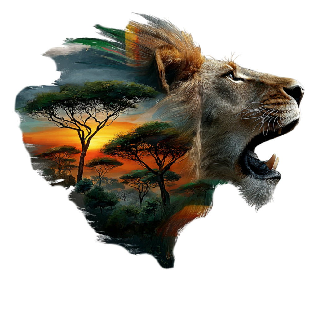 lion, african wildlife, safari, savanna sunset, golden hour, acacia trees, nature scene, animals, majestic, wildlife art, double exposure, profile portrait, orange sunset, warm tones, golden brown, forest green, deep teal, burnt orange, rustic, bohemian, artistic, nature lover, african landscape, big cats, home decor, wall hanging, nature themed, exotic animals, earth tones, wildlife enthusiast