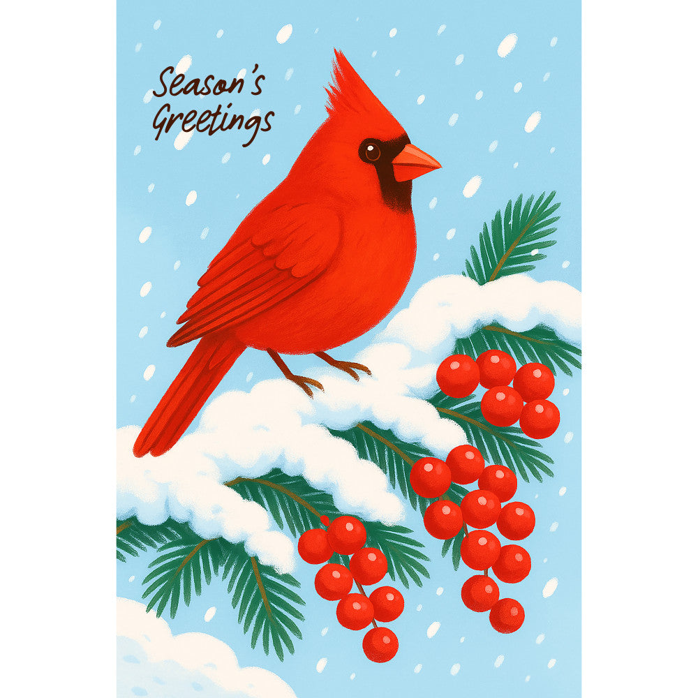 red cardinal, winter scene, snow falling, evergreen branches, red berries, light blue sky, white snow, holiday bird, christmas fabric, quilting panel, cotton panel, seasonal design, winter wildlife, festive colors, snowy branches, cardinal perched, holiday crafting, winter birds, christmas sewing, fabric block