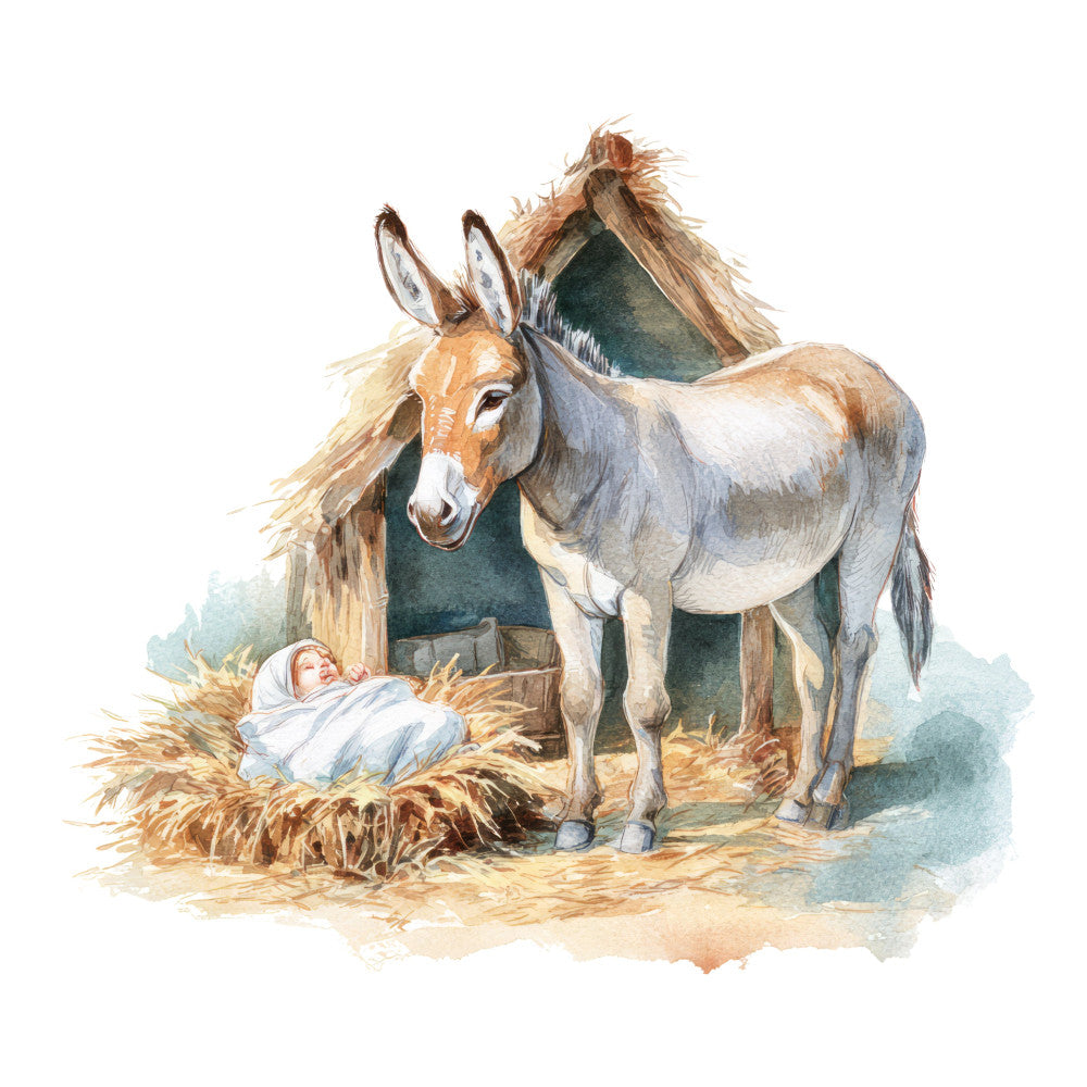 nativity, manger scene, baby jesus, donkey, stable, religious, christmas, holy night, soft colors, cream, tan, beige, gray, warm tones, gentle, peaceful, traditional, spiritual, holiday, winter, animals, farm animals, rustic, vintage, children's, storybook, whimsical, illustration style, watercolor