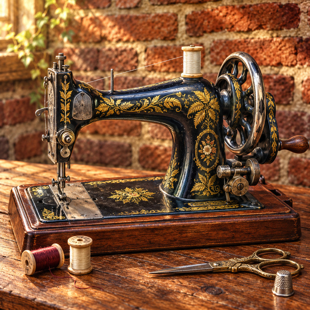 vintage sewing machine, antique, black and gold, ornamental, decorative, steampunk, retro, nostalgic, crafting, thread spools, sewing notions, traditional, elegant, ornate, floral embellishment, dark navy, metallic gold, Victorian, timeless, heritage, classic, artistic, detailed, brass accents, wooden base, sewing room, craft room, heritage collection, collectible, heirloom