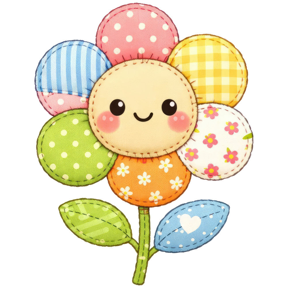 cute flower, smiling face, kawaii, whimsical, pastel colors, soft pink, sky blue, lime green, golden yellow, cream, polka dots, gingham check, striped, floral, daisy, white flowers, patchwork, playful, cheerful, garden theme, spring, child-friendly, nursery, baby quilt, decorative panel, embroidered look, stitched detail, multi-colored petals
