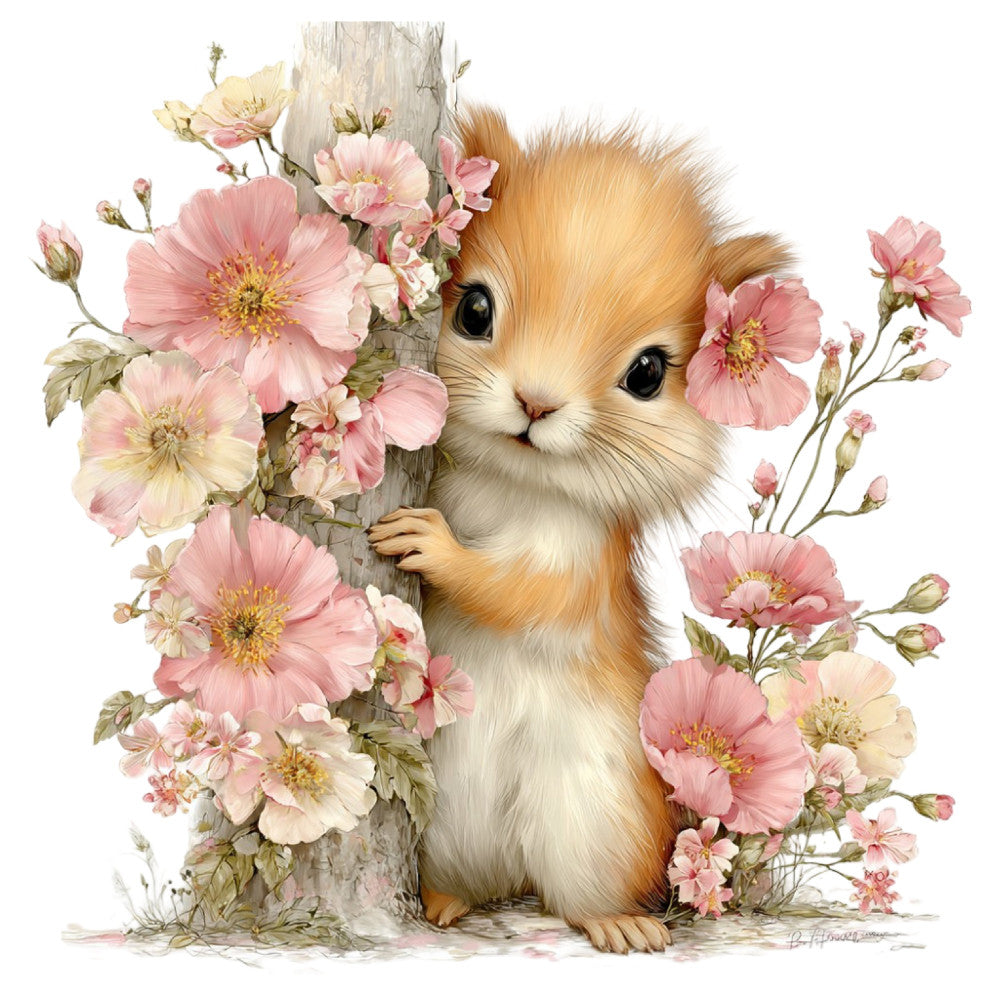 guinea pig, cute animals, pink flowers, floral, woodland creatures, spring, baby quilt, wall hanging, nursery, children's fabric, whimsical, nature themed, gentle colors, soft pastels, blush pink, cream, tan, rose pink, gerbera daisies, delicate florals, vintage style, storybook illustration, adorable critters, springtime, sweet, charming, timeless design, fabric panel