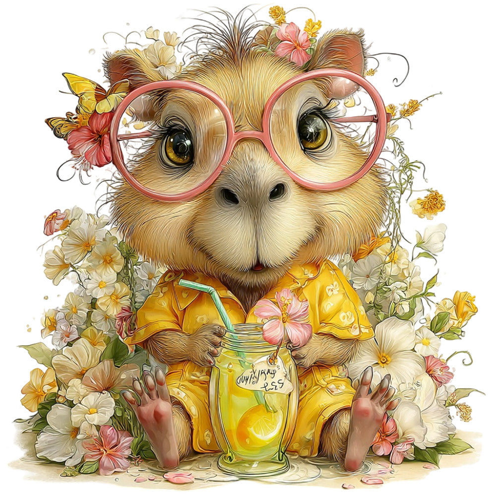 adorable animal, whimsical, cute guinea pig, pink glasses, floral, nature, spring, summer, cream, golden yellow, coral pink, dusty rose, soft colors, pastel, butterflies, daisies, wildflowers, garden theme, children's, nursery, baby, cheerful, playful, vintage illustration, storybook, charming, quirky character, sweet, illustrated animal, botanical