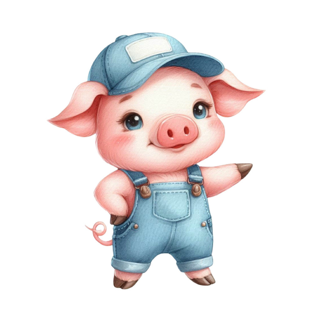 cute pig, baby animals, farm animals, denim blue, light blue, coral pink, rose pink, cream white, brown accents, whimsical, playful, children's, nursery, farmhouse, overalls, cap, denim outfit, character print, illustration style, animal characters, baby quilt, children's clothing, adorable, sweet, friendly, springtime, country style