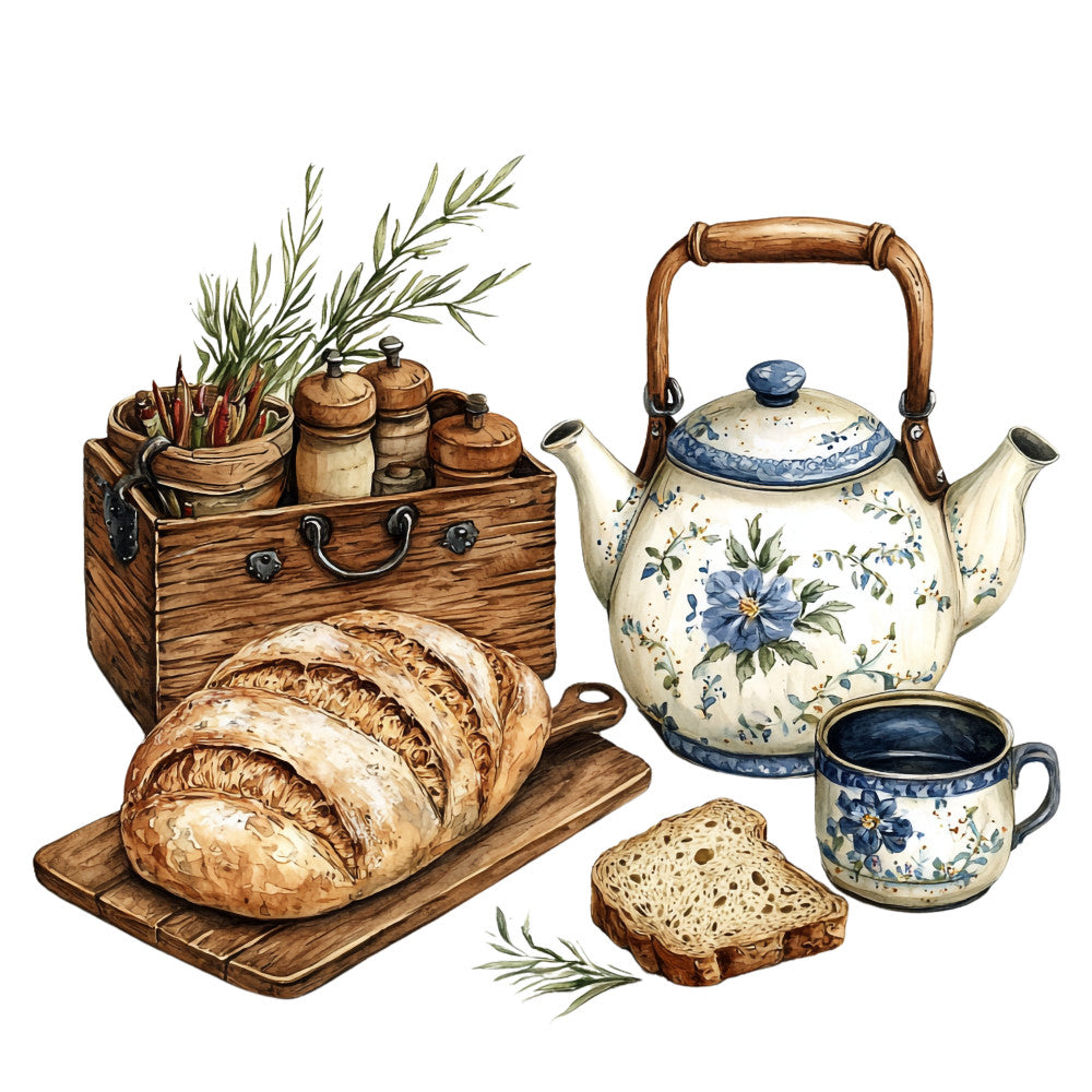 cream, blue, brown, wooden, rustic, teapot, bread, cutting board, kitchen utensils, floral pattern, country style, cottage core, vintage inspired, watercolor style, fabric panel, quilting cotton, culinary theme, homestyle baking, pastoral elements, botanical accents