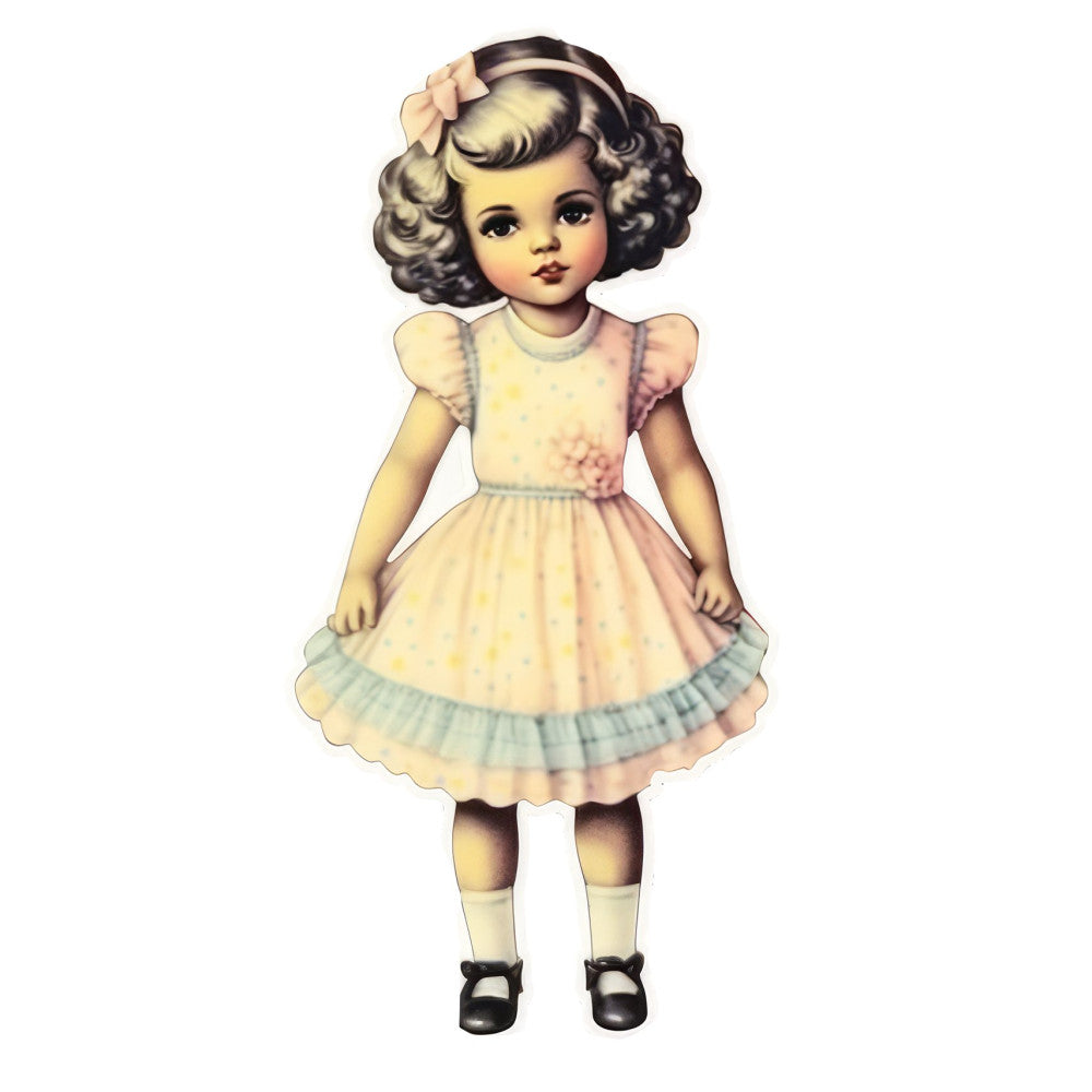 vintage doll, retro children, 1940s style, 1950s fashion, pastel yellow, pale pink, cream, soft blue, pale green, girl illustration, dress motif, mary jane shoes, white socks, hair bow, puffed sleeves, pleated skirt, nostalgic, whimsical, charming, sweet, innocent, childhood, storybook, classic children's, timeless, delicate, feminine, soft colors, vintage fashion, doll clothing