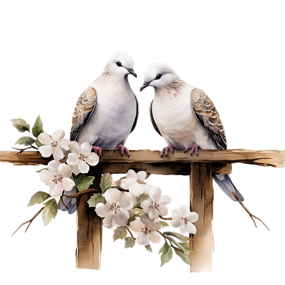 Spring White Doves Fabric Panel 10 featuring two detailed white doves perched on a wooden branch with blooming flowers on premium quilting cotton.