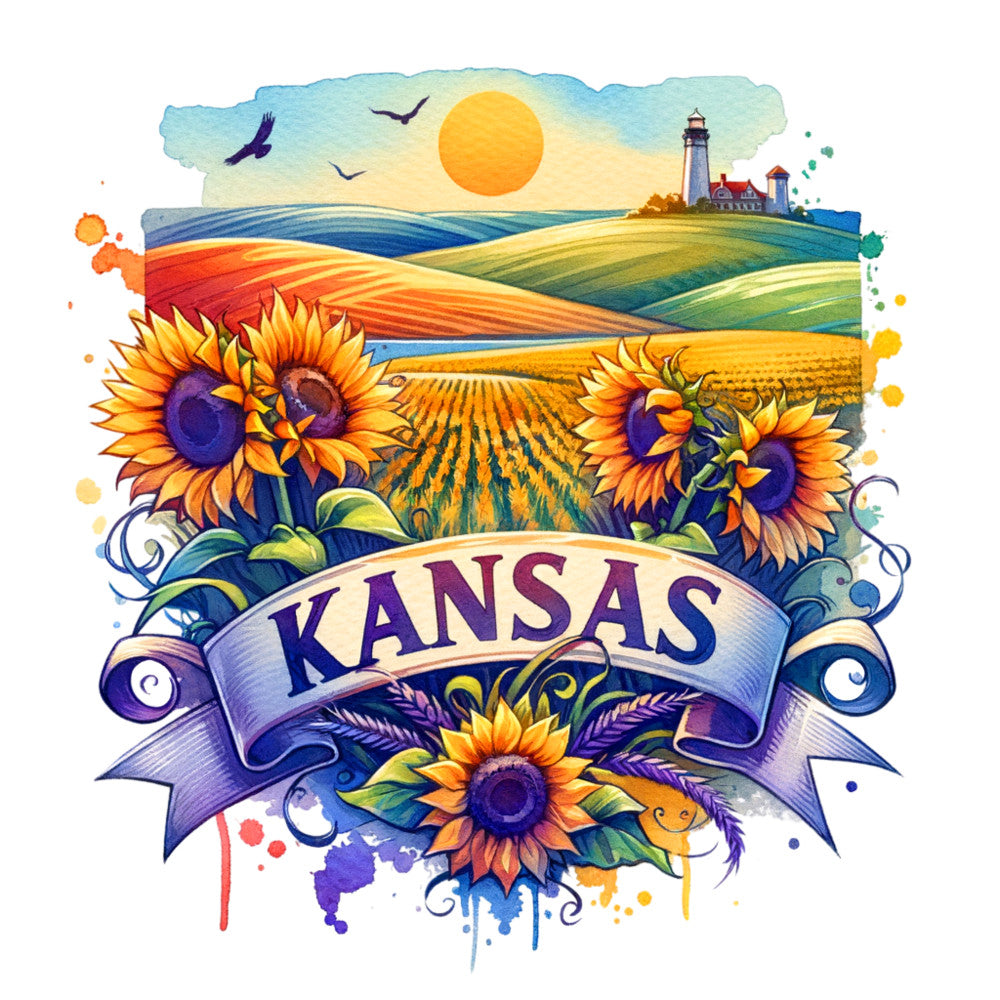 US States Retro Travel Fabric Panel 9 featuring Kansas with sunflowers and scenic farmland in vibrant colors on quilting cotton.