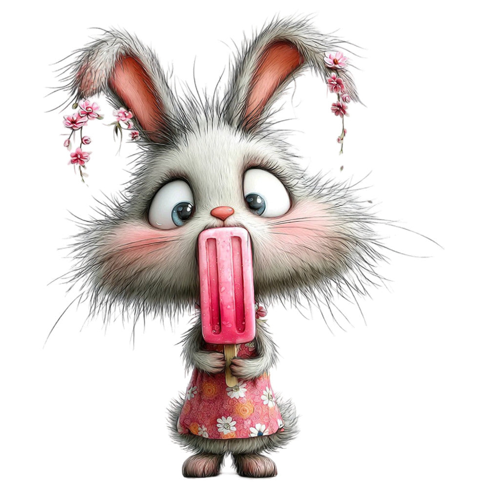 cute bunny, whimsical rabbit, pink popsicle, floral bunny, children's illustration, kawaii style, pastel pink, soft gray, coral pink, blue eyes, flower garland, springtime, playful character, kids fabric, nursery, baby quilt, whimsical animals, fantasy art, adorable creatures, popsicle motif, pink flowers, delicate florals, sweet illustration, cheerful design, animal character, spring theme, girl's fabric, cute graphics, decorative panel, storybook illustration