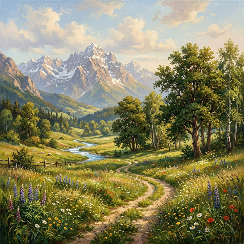 mountain landscape, scenic vista, alpine peaks, snow-capped mountains, wildflower meadow, pastoral valley, rolling hills, forest green, sky blue, cream white, golden yellow, purple lupine, white daisy, red poppy, nature scene, countryside, rural landscape, rustic charm, traditional, landscape art, spring meadow, summer pastoral, wildflowers, evergreen trees, birch trees, flowing stream, wooden fence, wall hanging, home decor, serene scenery