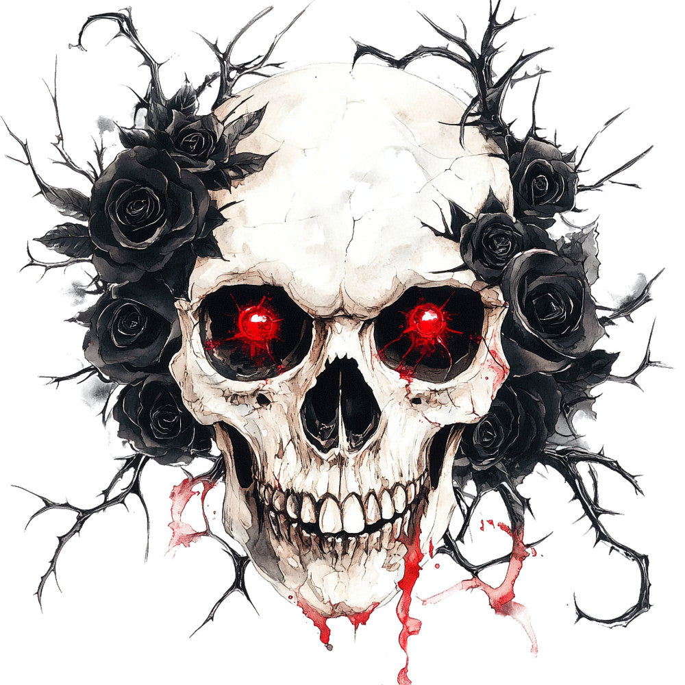 skull, gothic, black roses, dark roses, red eyes, glow, glowing eyes, dead, mortality, memento mori, dark floral, skeleton, bone white, cream, black, crimson red, blood red, dark aesthetic, halloween, edgy, alternative, bohemian, dark bohemian, horror, macabre, spooky, thorny branches, thorns, gothic floral, dark romance