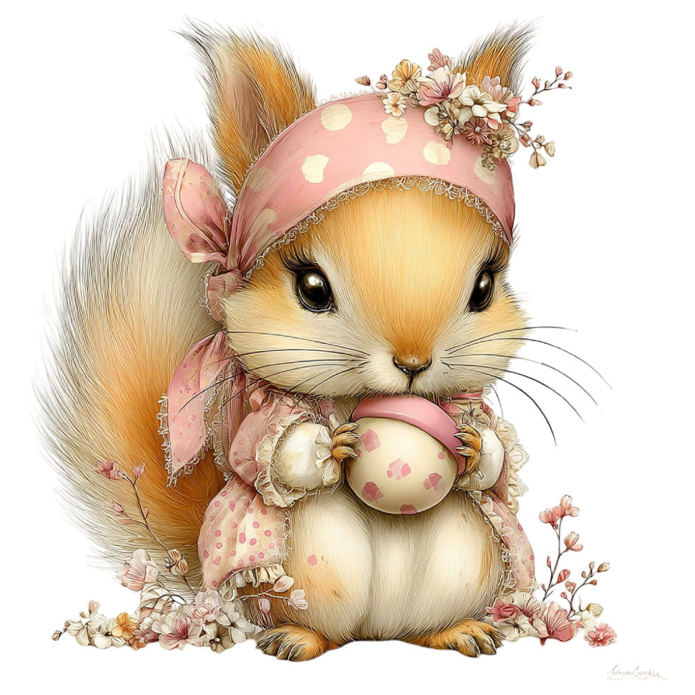 cute squirrel, woodland animals, spring, floral, blush pink, cream, golden tan, polka dots, flowers, whimsical, sweet, decorative bow, nature themed, pastel colors, vintage style, baby quilt, children's fabric, delicate florals, spring flowers, soft colors, embellished, feminine, garden theme, illustrative, storybook, nursery, baby girl, romantic, easter, charming