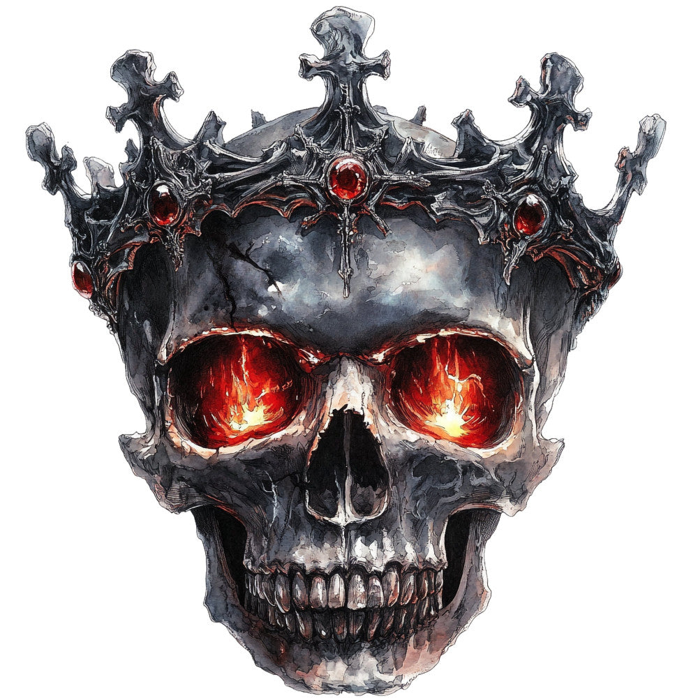 skull crown, gothic, dark gray, charcoal, black, deep red, crimson, glowing eyes, evil, dark fantasy, horror, dramatic, edgy, metal crown, jeweled, ornate, dark aesthetic, mystical, supernatural, spooky, metallic accents, menacing, intense, rebellious, statement piece, wall hanging, dark fashion, theatrical