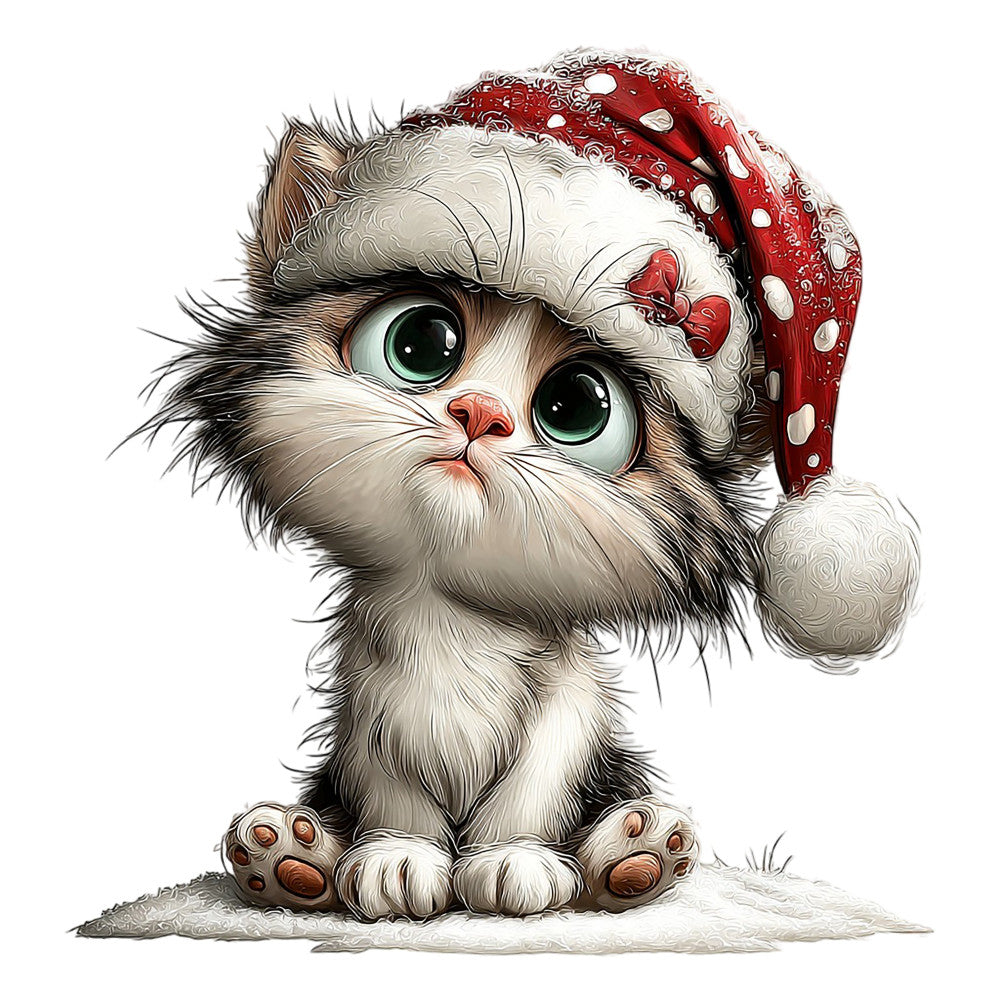 christmas cat, holiday kitten, red santa hat, festive feline, white cat, green eyes, polka dot hat, winter animals, cute cat, whimsical style, christmas theme, seasonal holiday, baby quilt, wall hanging, decorative panel, cream white, red and white, animal motif, cheerful design, playful cat, santa kitten, holiday decor, festive animals, children's fabric, traditional christmas, vintage style, kawaii aesthetic, fluffy cat