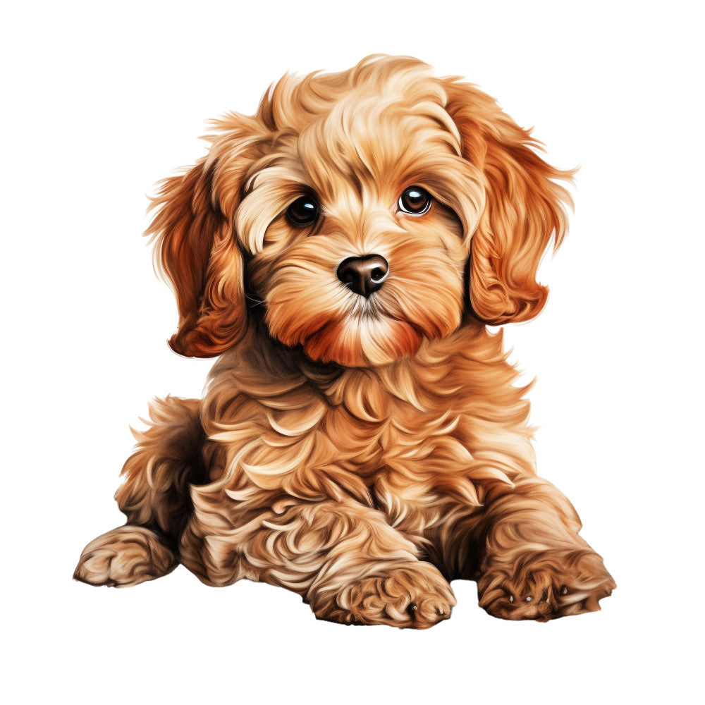 apricot, tan, cream, golden brown, rust, copper, dog, puppy, cavalier spaniel, doodle, fluffy, curly hair, cute animals, pet portrait, animal lovers, whimsical, playful, children's, kids, nursery, adorable, friendly, warm tones, portrait style, realistic illustration, baby quilt, wall hanging, novelty print