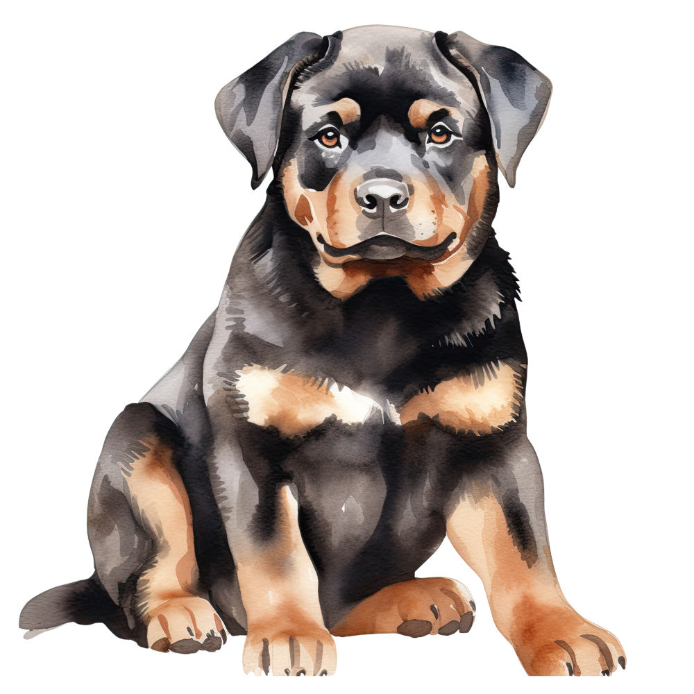 Watercolor Rottweiler Fabric Panel 8 showing a detailed, premium quilting cotton print of a sitting Rottweiler puppy.