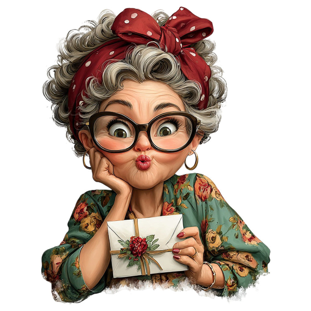 grandma character, vintage lady, retro woman, quirky grandma, whimsical grandma, forest green, red polka dot, sage green, cream white, floral print, roses, gold accents, eyeglasses, red lipstick, polka dots, vintage style, retro style, whimsical style, playful style, humorous, novelty print, character panel, grandparent theme, grandmother, nostalgia, 1950s inspired, vintage fashion, decorative panel, wall hanging, craft project