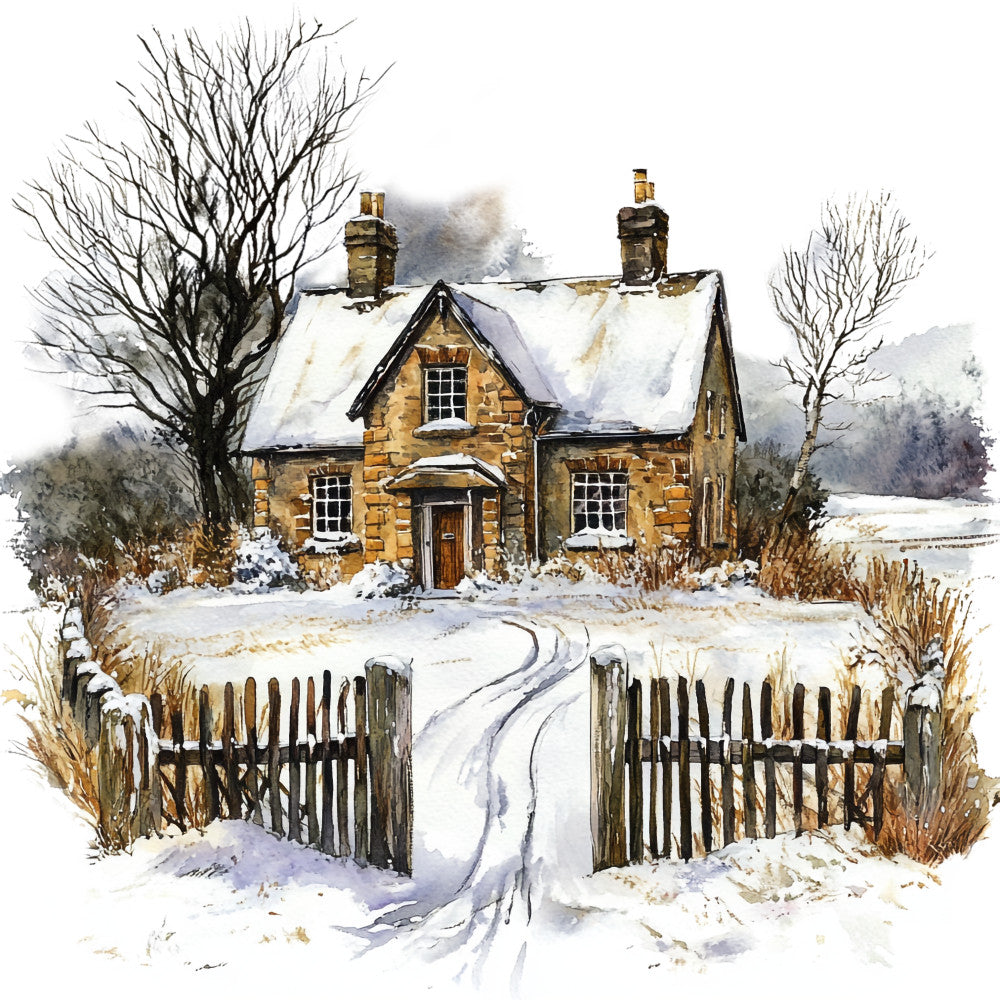 winter scene, snow covered cottage, stone house, bare trees, wooden fence, pathway, chimneys, watercolor style, rustic countryside, scottish landscape, cream white, golden brown, gray tones, muted colors, cozy dwelling, fabric panel, quilting cotton, seasonal design, snowy garden, cottage core