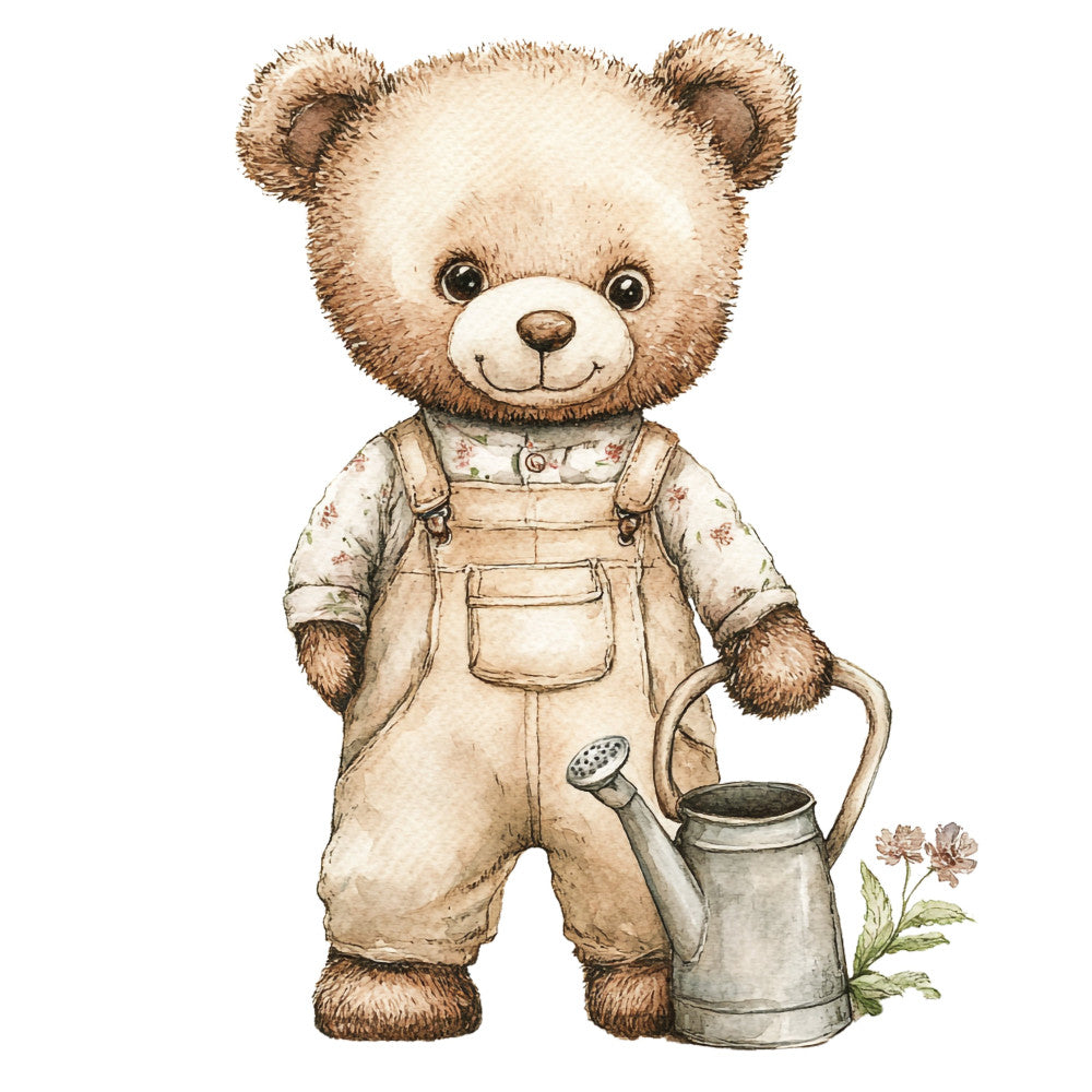 teddy bear, cute animals, nursery, baby quilt, children's fabric, vintage style, whimsical, farmhouse, cream, tan, brown, beige, taupe, watering can, gardening, flowers, floral, spring, pastoral, storybook illustration, adorable, sweet, gentle, soft colors, children's apparel, bunny themed, country style, cottage core, watercolor, illustration art