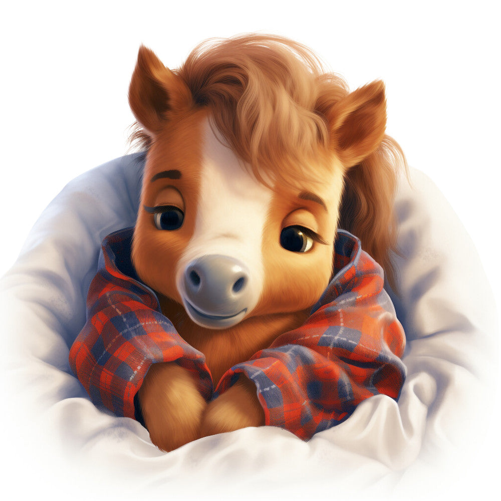 orange, brown, white, red, blue, plaid pajamas, horse, pony, foal, baby animal, bedtime, sleepy, cozy, cute, anthropomorphic, cartoon style, fabric panel, quilting cotton, children's fabric, nursery theme, soft colors, whimsical, playful
