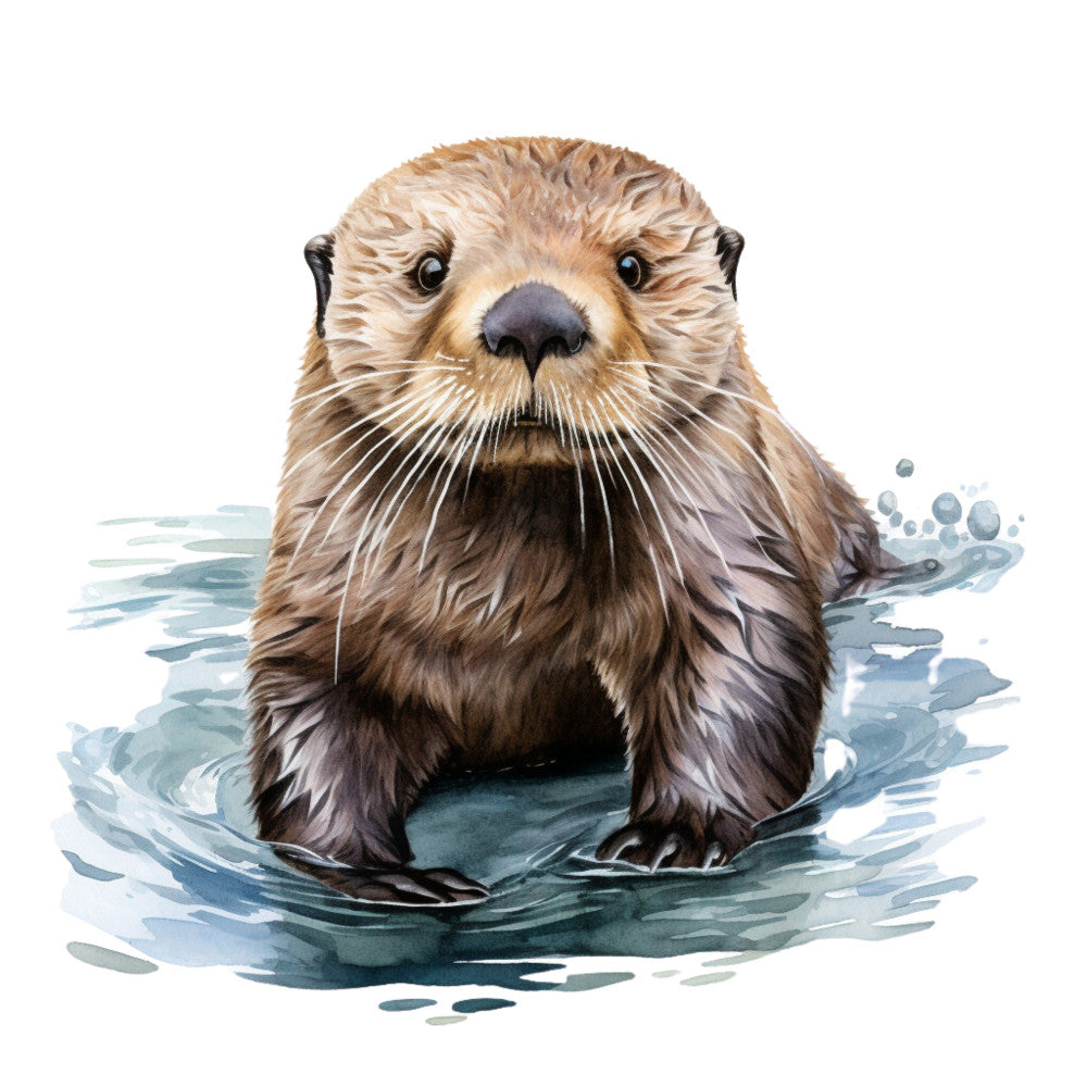 otter, cute animal, wildlife, watercolor, aquatic, water, nature, brown, tan, beige, cream, blue-grey, teal, charcoal, whimsical, illustrated, realistic, children's, nursery, baby, woodland, river animal, semi-aquatic, friendly, playful, wall hanging, quilt panel, art print, modern illustration, animal portrait