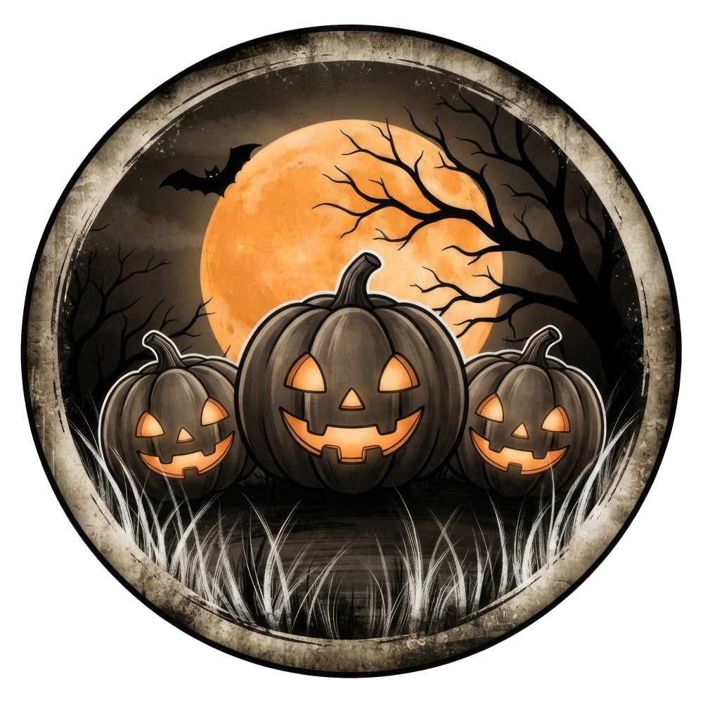 halloween, jack-o'-lantern, pumpkin, autumn, fall, orange, black, dark, spooky, scary, festive, holiday, bat, moon, bare branches, tree, dead tree, glowing, carved pumpkins, harvest, october, trick-or-treat, eerie, gothic, seasonal, whimsical, haunted, three pumpkins, illuminated, circular design