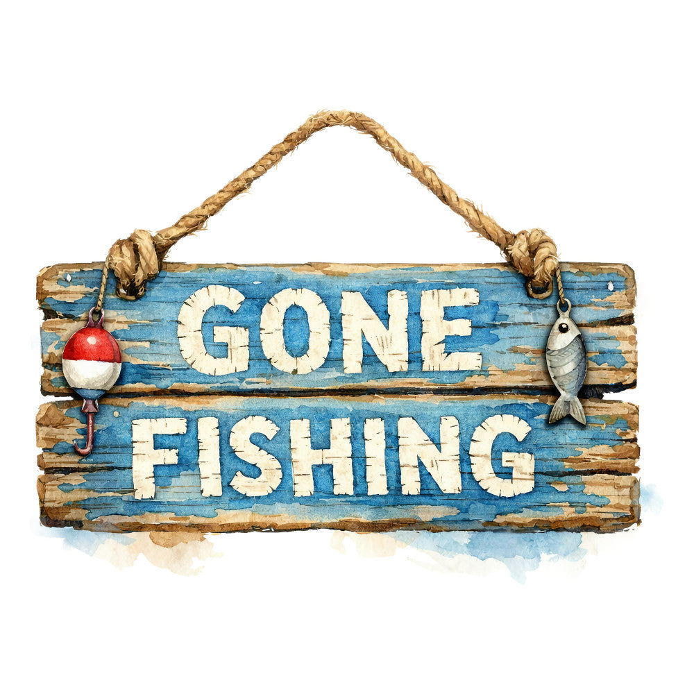 gone fishing, nautical, rustic, vintage, beach, weathered wood, fishing lures, fish, red and white, distressed blue, coastal, farmhouse, cabin decor, lake house, outdoor theme, fishing theme, shabby chic, americana, retro signage, rope detail, cottage core, summer, recreational, hobbies, boating, water sports, masculine, lodge style, weathered finish