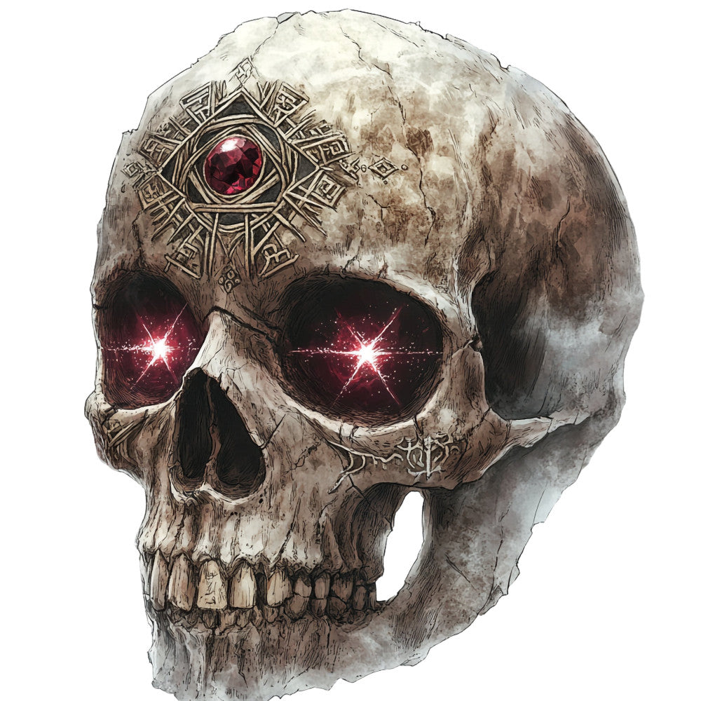 skull with glowing eyes, dark academia, gothic, mystical, burgundy red, deep red, bone white, cream, tan, beige, metallic gold, ornate geometric patterns, celestial, mystical symbols, supernatural, dark fantasy, occult, witchy, alternative, edgy, dramatic, goth aesthetic, eye motif, decorative patterns, haunting, mysterious, dark theme, metallic accents, intricate details