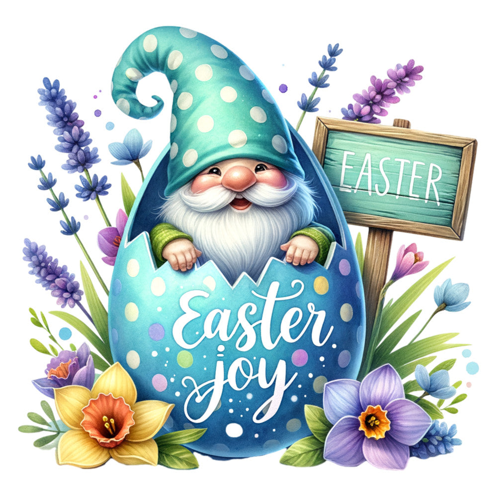 easter gnome, fabric panel, turquoise, polka dots, white beard, pointed hat, spring flowers, lavender, purple blooms, daffodils, easter egg, whimsical character, seasonal design, quilting cotton, craft panel, easter joy, garden gnome, floral arrangement, pastel colors, holiday themed