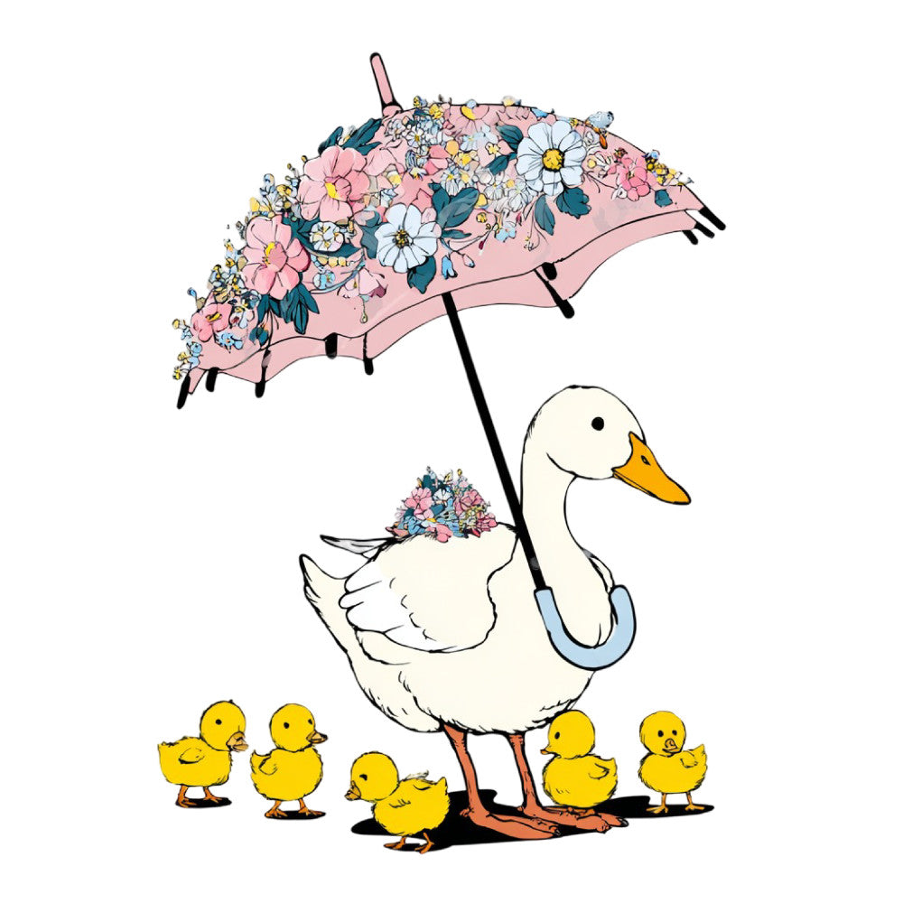 pastel pink, soft yellow, cream white, teal green, floral, daisies, flowers, ducks, ducklings, animals, nature, whimsical, sweet, nursery, baby, spring, charming, illustrated, storybook, farmyard, cute, playful, gentle, pastoral, umbrella, mother duck, duckling theme, soft colors, delicate florals, vintage style