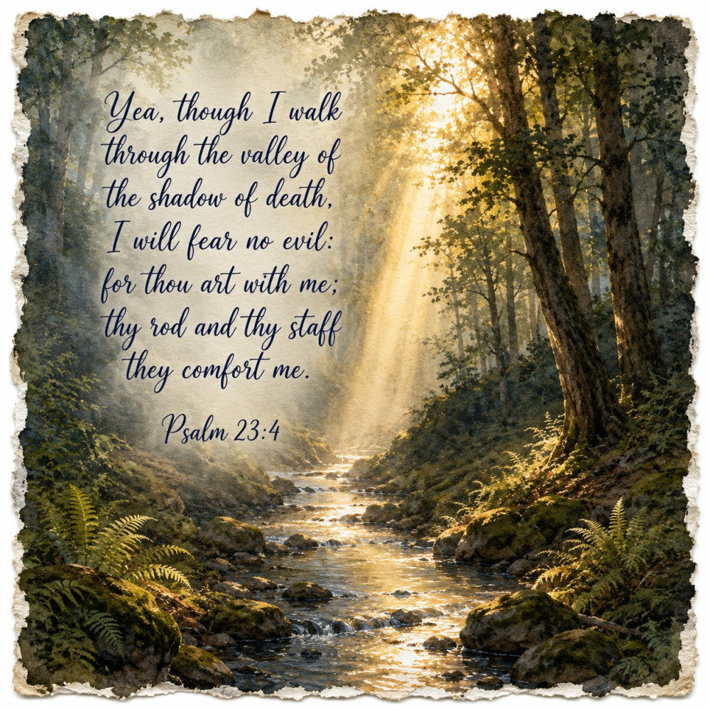 forest green, sage green, gold, cream, beige, tan, warm earth tones, nature, woodland, trees, stream, water, ferns, sunlight, spiritual, inspirational, religious, scripture, psalm 23, landscape, scenic, valley, peaceful, serene, rustic, traditional, vintage, spiritual comfort, faith-based, motivational quote