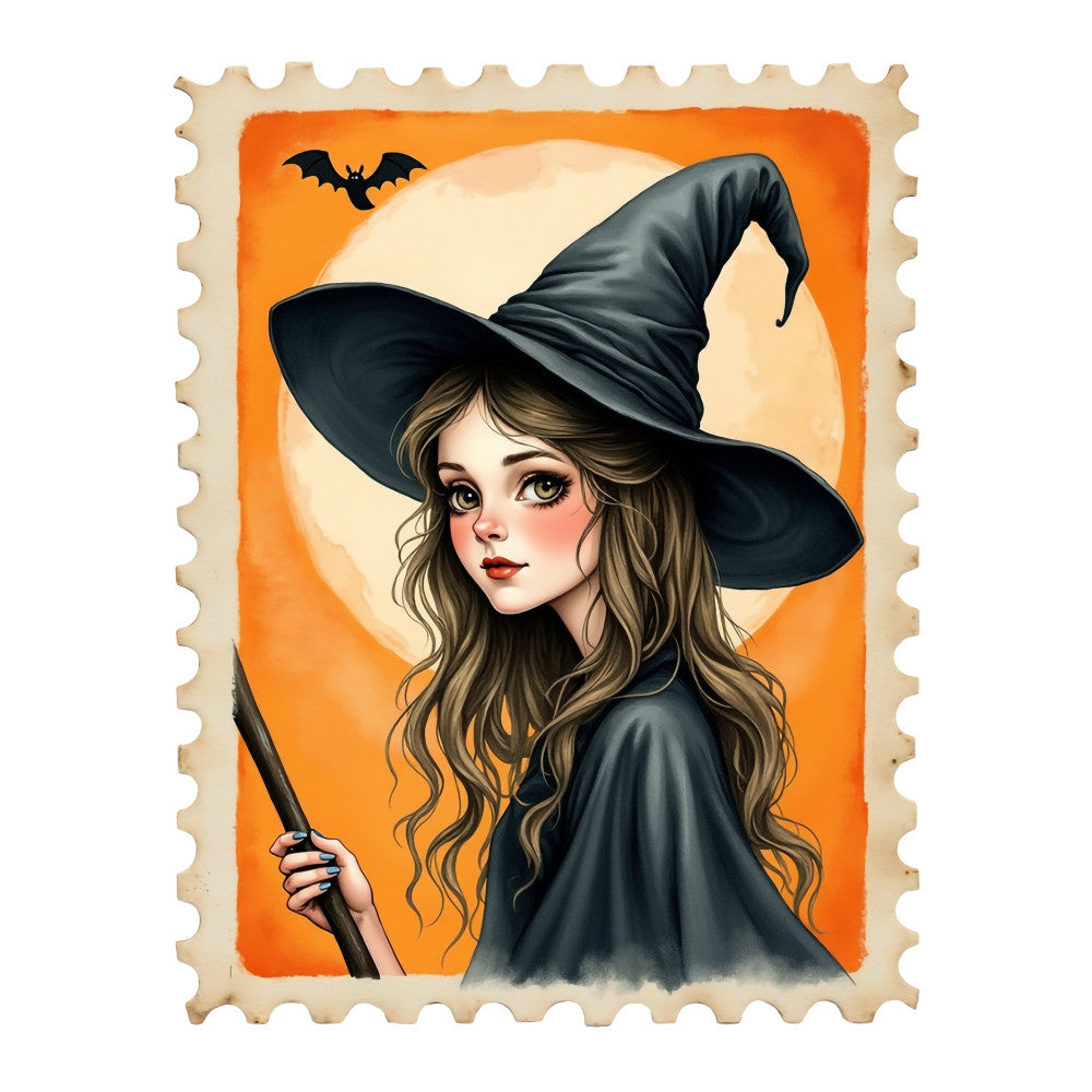 Halloween Postage Stamps Fabric Panel 11 featuring a detailed witch illustration with a black hat and broom against a full moon background.