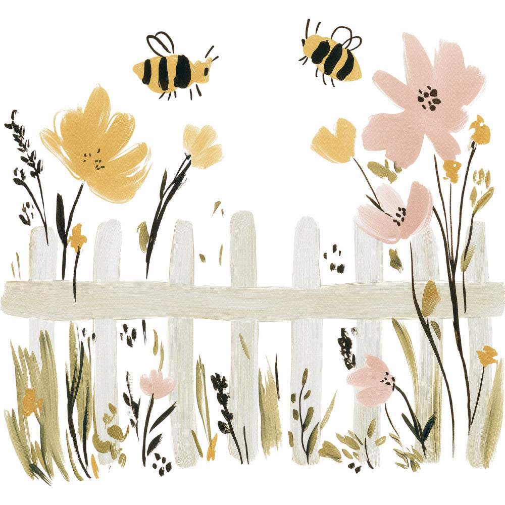 yellow flowers, blush pink flowers, cream white picket fence, bees, honey bees, nature, garden, spring, floral, botanical, farmhouse, rustic, whimsical, cottage core, soft yellow, dusty rose, pale pink, cream, sage green, black accents, wildflowers, insects, pastoral, vintage inspired, country style, meadow, peaceful, cheerful, garden gate