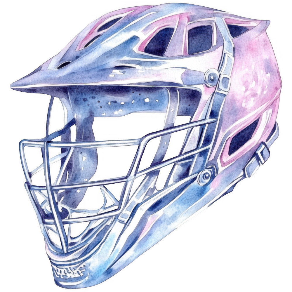 watercolor, sports, lacrosse, helmet, athletic, blue, pink, purple, lavender, navy blue, white, gradient, ombre, illustrated, detailed, realistic, modern, contemporary, youth sports, team sports, protective gear, sports equipment, gaming, fantasy, metallic accents, dimensional, textured, pastel colors, twilight palette