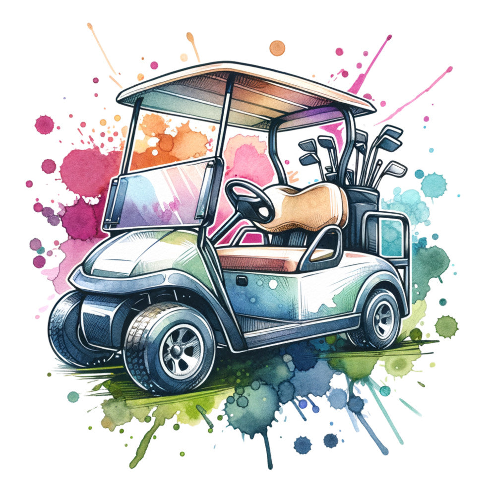 watercolor, golf cart, splashes, pink, orange, teal, green, blue, purple, golf clubs, transportation, sport, fabric panel, quilting, cotton, whimsical, artistic, recreation, leisure, colorful splatters, paint drops, vehicle