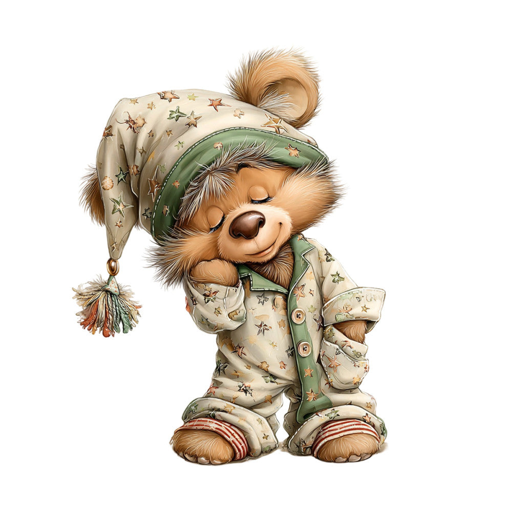 sleepy bear, woodland animals, nighttime, stars, bedtime, pajamas, cream, sage green, tan, rust, whimsical, cute animals, children's, nursery, baby, sleep themed, nightcap, cozy, vintage style, storybook, teddy bear, animal characters, celestial, dreamy, soft colors, holiday, christmas, sweet dreams, children's decor, baby quilt