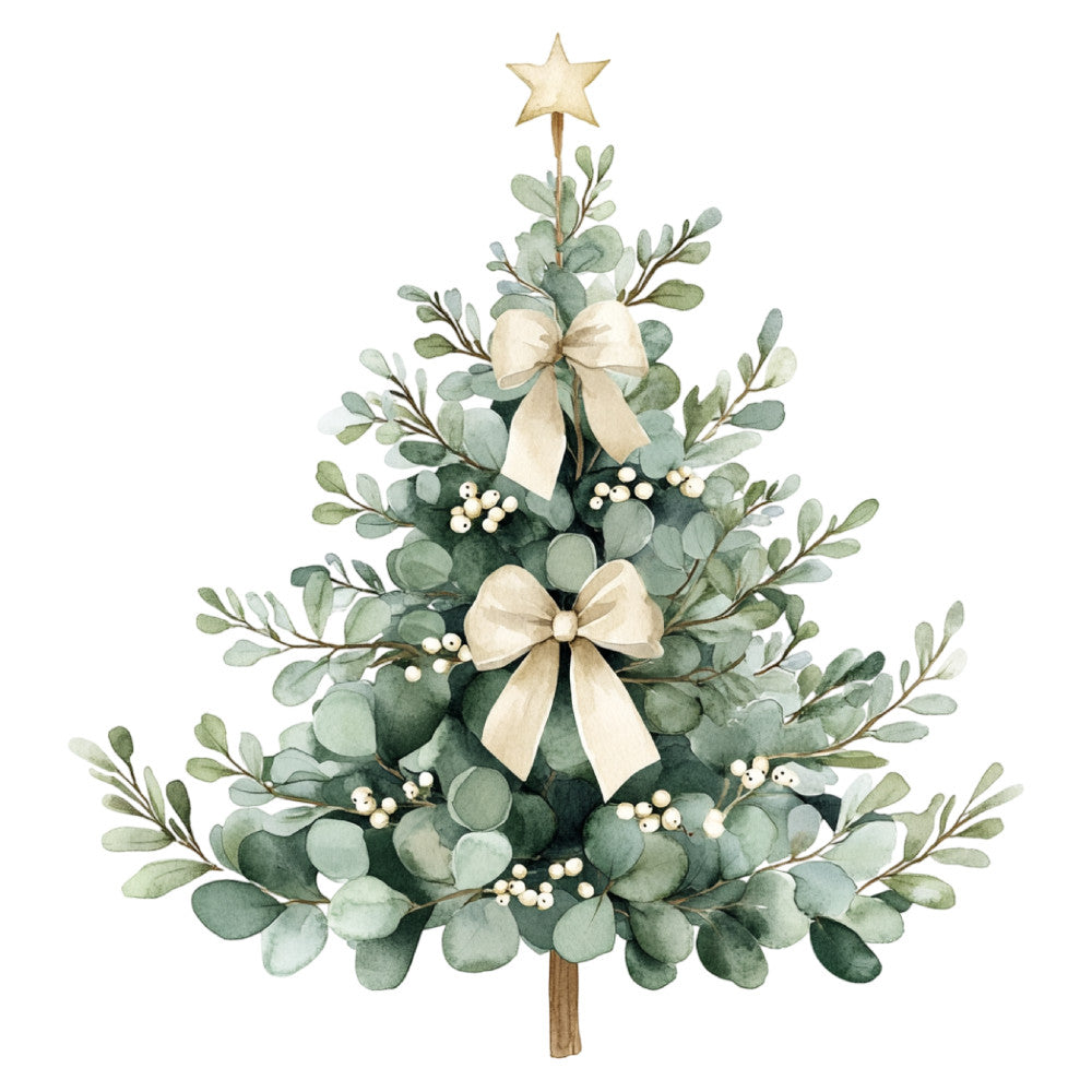 sage green, eucalyptus, cream, ivory, beige, gold star, botanical, floral, nature, holiday, christmas, elegant, rustic, whimsical, traditional, festive, greenery, leaves, berries, bows, ribbon, star topper, winter, seasonal, evergreen, soft, gentle, farmhouse, vintage, natural