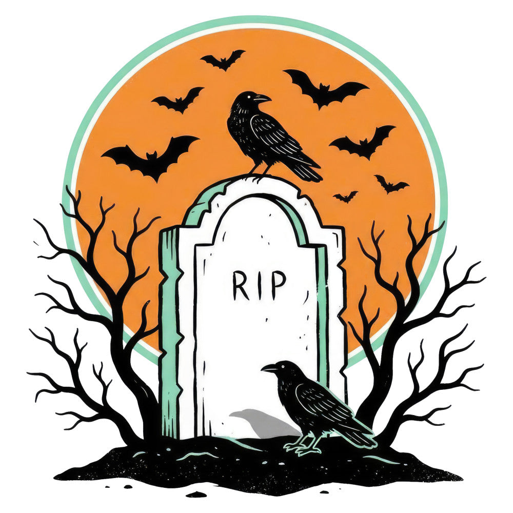 halloween, orange, black, white, sage green, gothic, spooky, cemetery, gravestone, rip tombstone, crows, ravens, bats, bare trees, moon, eerie, dark, autumn, fall, halloween decor, trick or treat, witchy, haunted, creepy, horror, seasonal, wall hanging, home decor, festive, whimsical dark