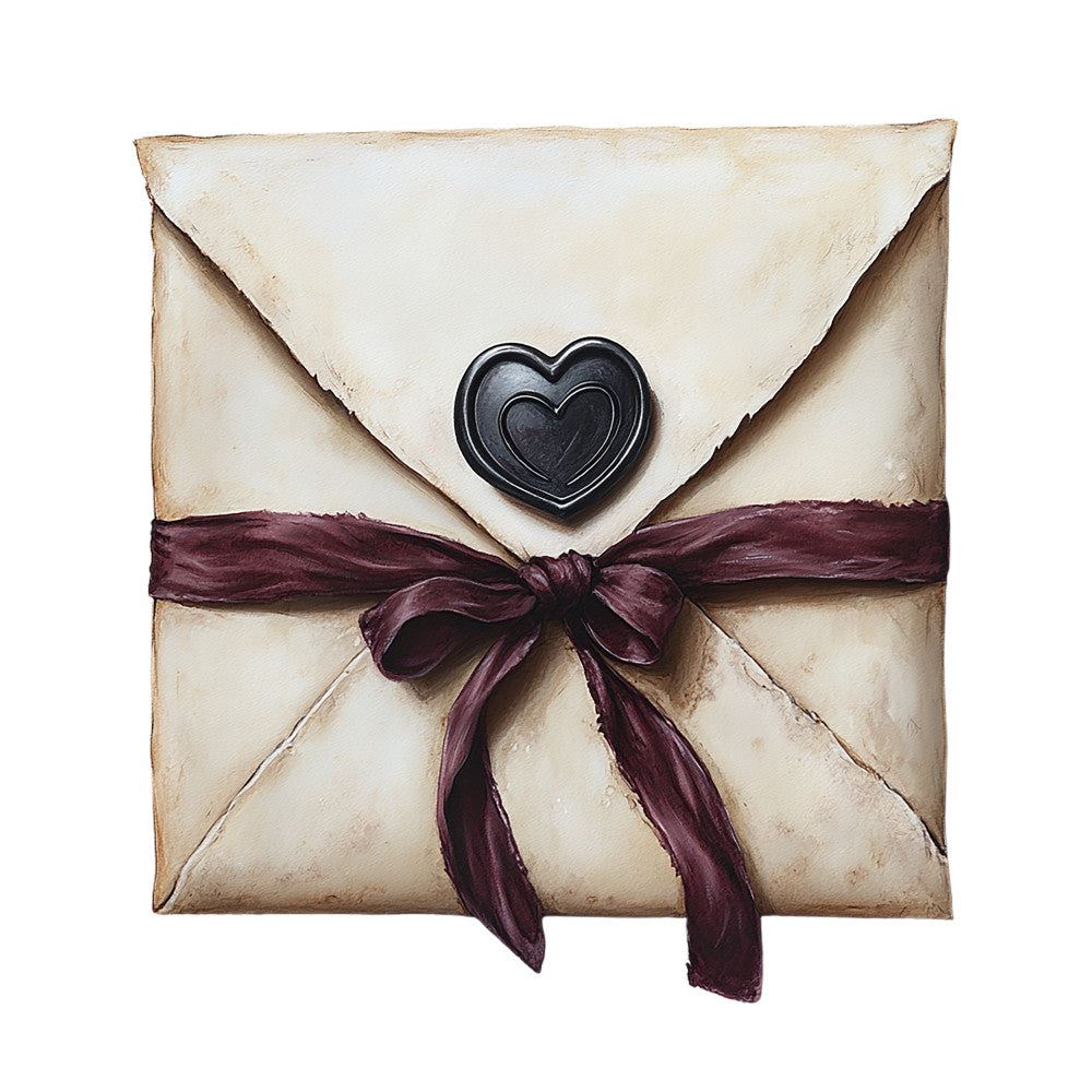 cream envelope, burgundy ribbon, heart seal, vintage letter, romantic correspondence, aged paper, gothic romance, dark maroon, antique stationery, love letter, fabric panel, quilting cotton, nostalgic artwork, victorian style, tied bow, weathered texture, romantic motif, dusty rose, sepia tones, vintage valentine